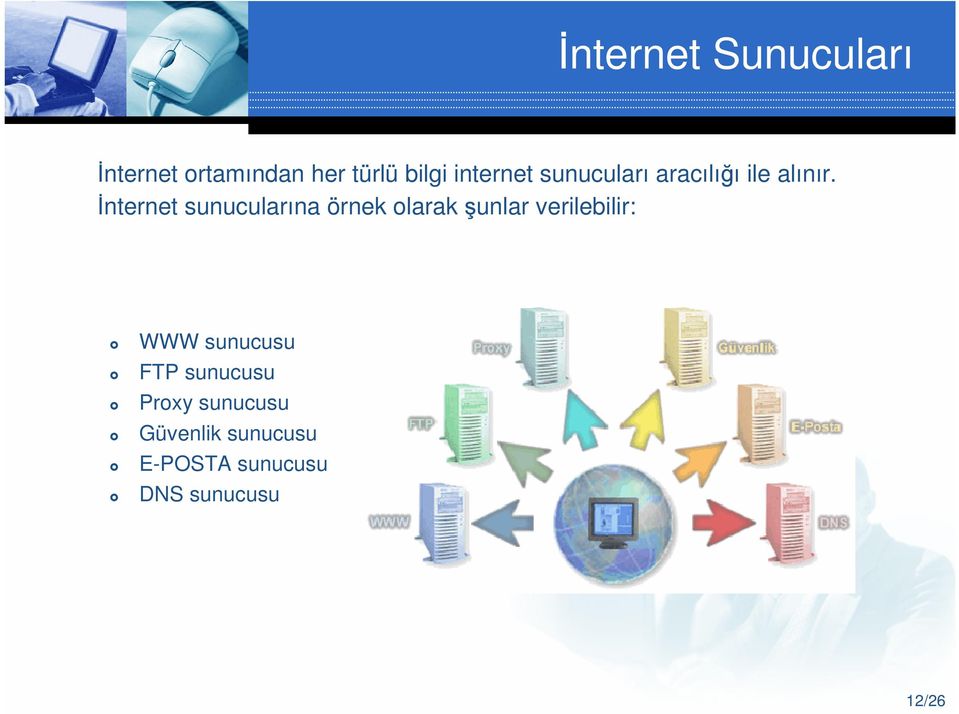 İnternet sunucularına örnek olarak şunlar verilebilir: WWW