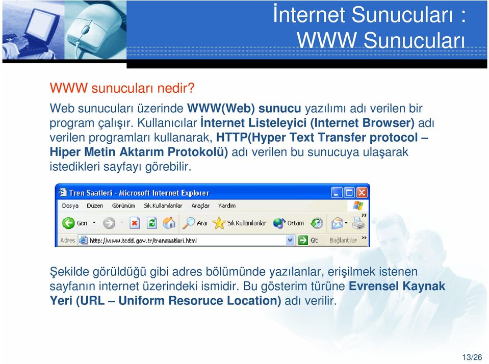 Kullanıcılar İnternet Listeleyici (Internet Browser) adı verilen programları kullanarak, HTTP(Hyper Text Transfer protocol Hiper Metin