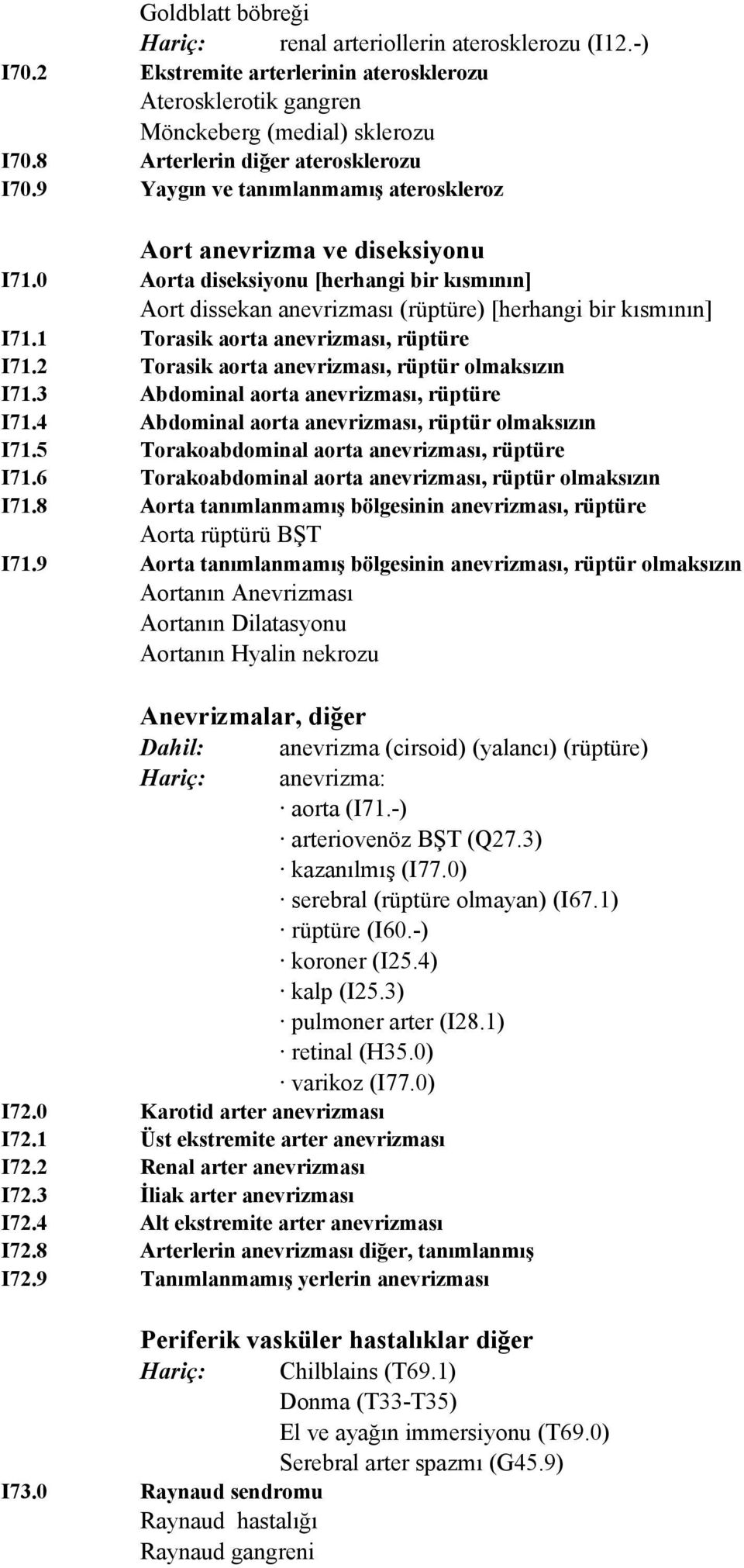 0 Aorta diseksiyonu [herhangi bir kısmının] Aort dissekan anevrizması (rüptüre) [herhangi bir kısmının] I71.1 Torasik aorta anevrizması, rüptüre I71.2 Torasik aorta anevrizması, rüptür olmaksızın I71.