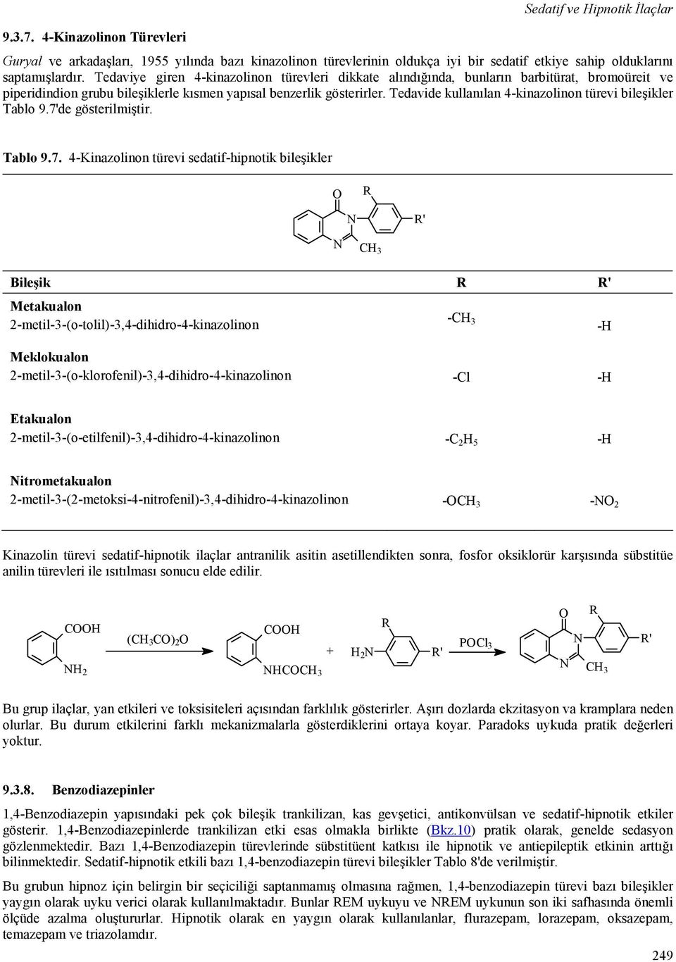 Tedavide kullanılan 4-kinazolinon türevi bileşikler Tablo 9.7'