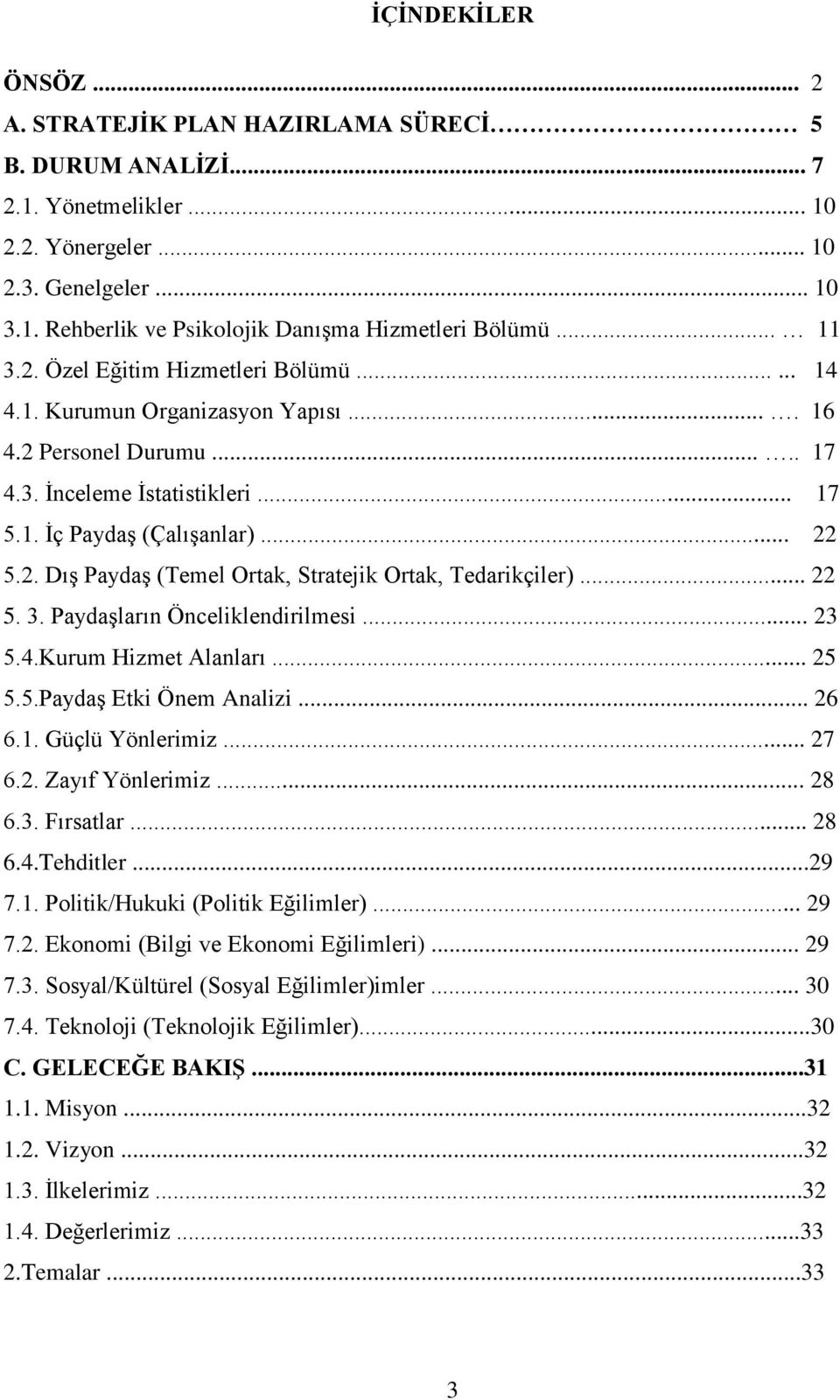 .. 22 5. 3. Paydaşların Önceliklendirilmesi... 23 5.4.Kurum Hizmet Alanları... 25 5.5.Paydaş Etki Önem Analizi... 26 6.1. Güçlü Yönlerimiz... 27 6.2. Zayıf Yönlerimiz... 28 6.3. Fırsatlar... 28 6.4.Tehditler.