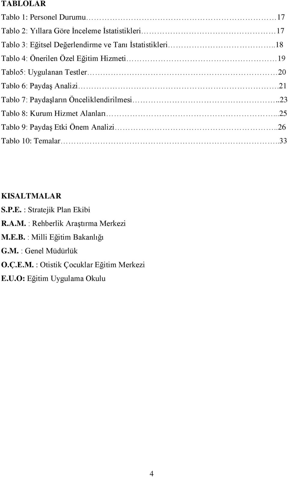 .23 Tablo 8: Kurum Hizmet Alanları...25 Tablo 9: Paydaş Etki Önem Analizi..26 Tablo 10: Temalar..33 KISALTMALAR S.P.E. : Stratejik Plan Ekibi R.A.M. : Rehberlik Araştırma Merkezi M.