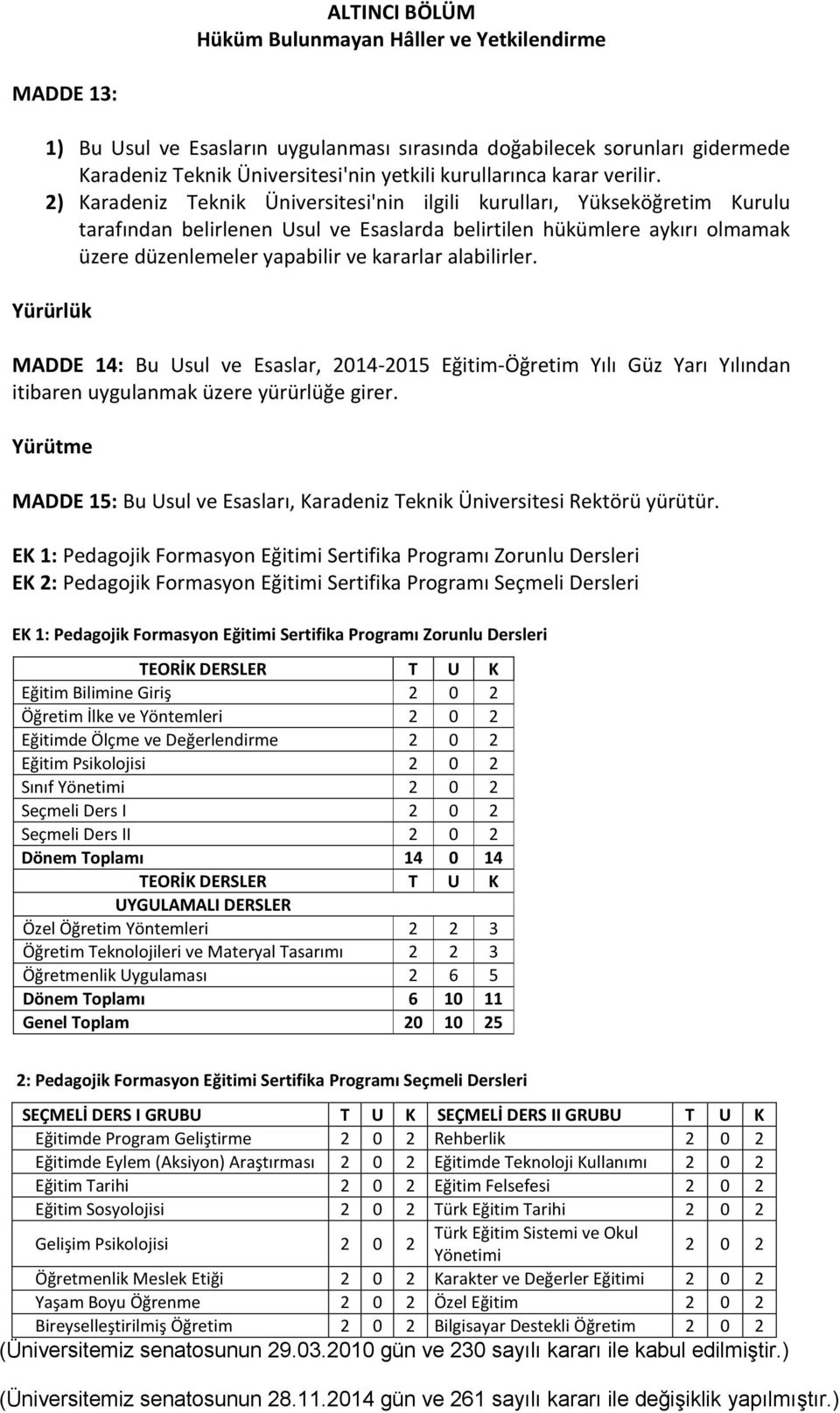 2) Karadeniz Teknik Üniversitesi'nin ilgili kurulları, Yükseköğretim Kurulu tarafından belirlenen Usul ve Esaslarda belirtilen hükümlere aykırı olmamak üzere düzenlemeler yapabilir ve kararlar