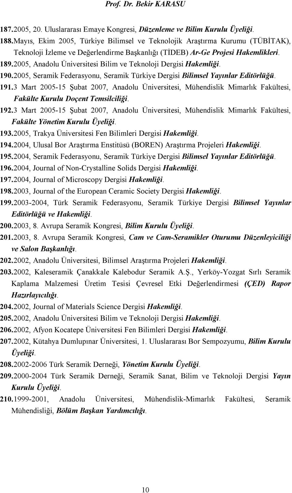 2005, Anadolu Üniversitesi Bilim ve Teknoloji Dergisi 190. 2005, Seramik Federasyonu, Seramik Türkiye Dergisi Bilimsel Yayınlar Editörlüğü. 191.