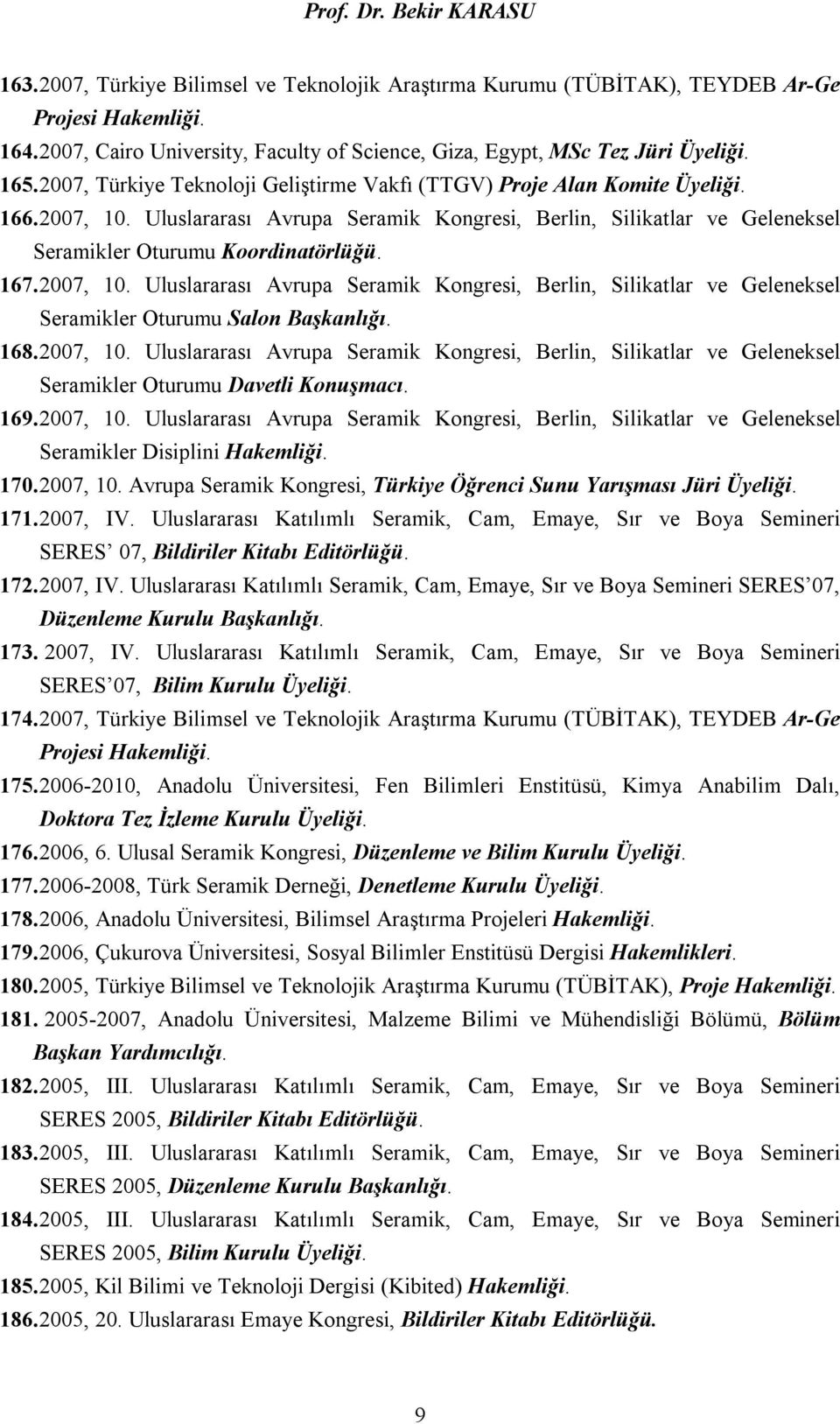 167. 2007, 10. Uluslararası Avrupa Seramik Kongresi, Berlin, Silikatlar ve Geleneksel Seramikler Oturumu Salon Başkanlığı. 168. 2007, 10. Uluslararası Avrupa Seramik Kongresi, Berlin, Silikatlar ve Geleneksel Seramikler Oturumu Davetli Konuşmacı.