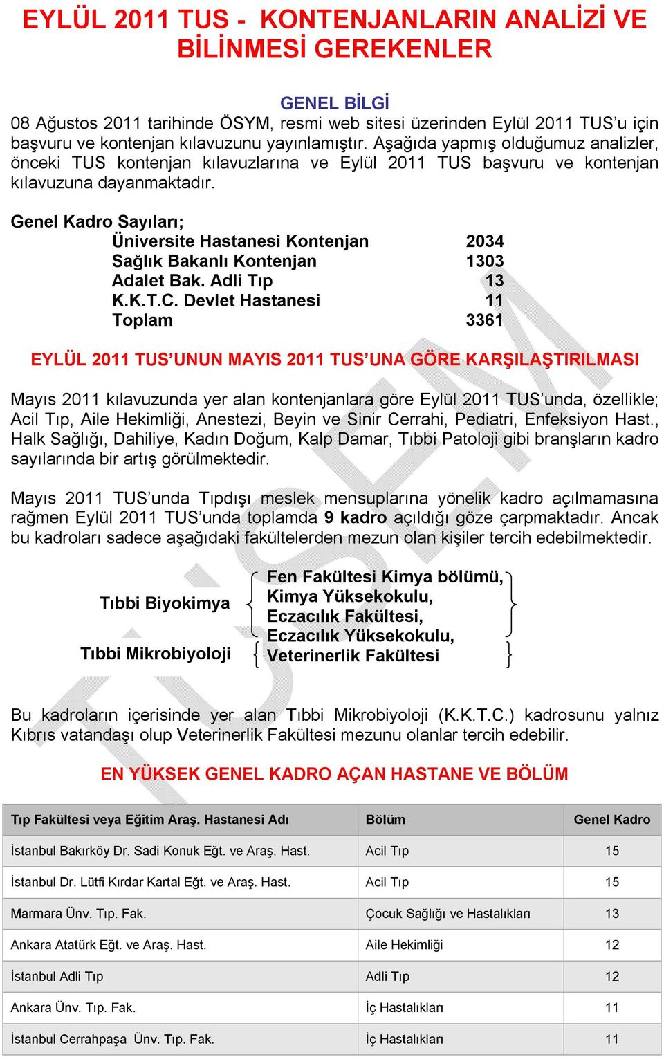Genel Kadro Sayıları; Üniversite Hastanesi Kontenjan 2034 Sağlık Bakanlı Kontenjan 1303 Adalet Bak. Adli Tıp 13 K.K.T.C.