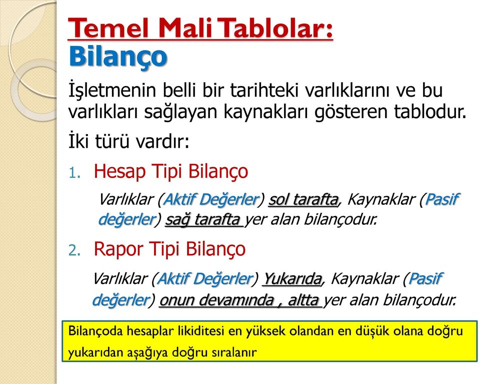 Hesap Tipi Bilanço Varlıklar (Aktif Değerler) sol tarafta, Kaynaklar (Pasif değerler) sağ tarafta yer alan bilançodur. 2.