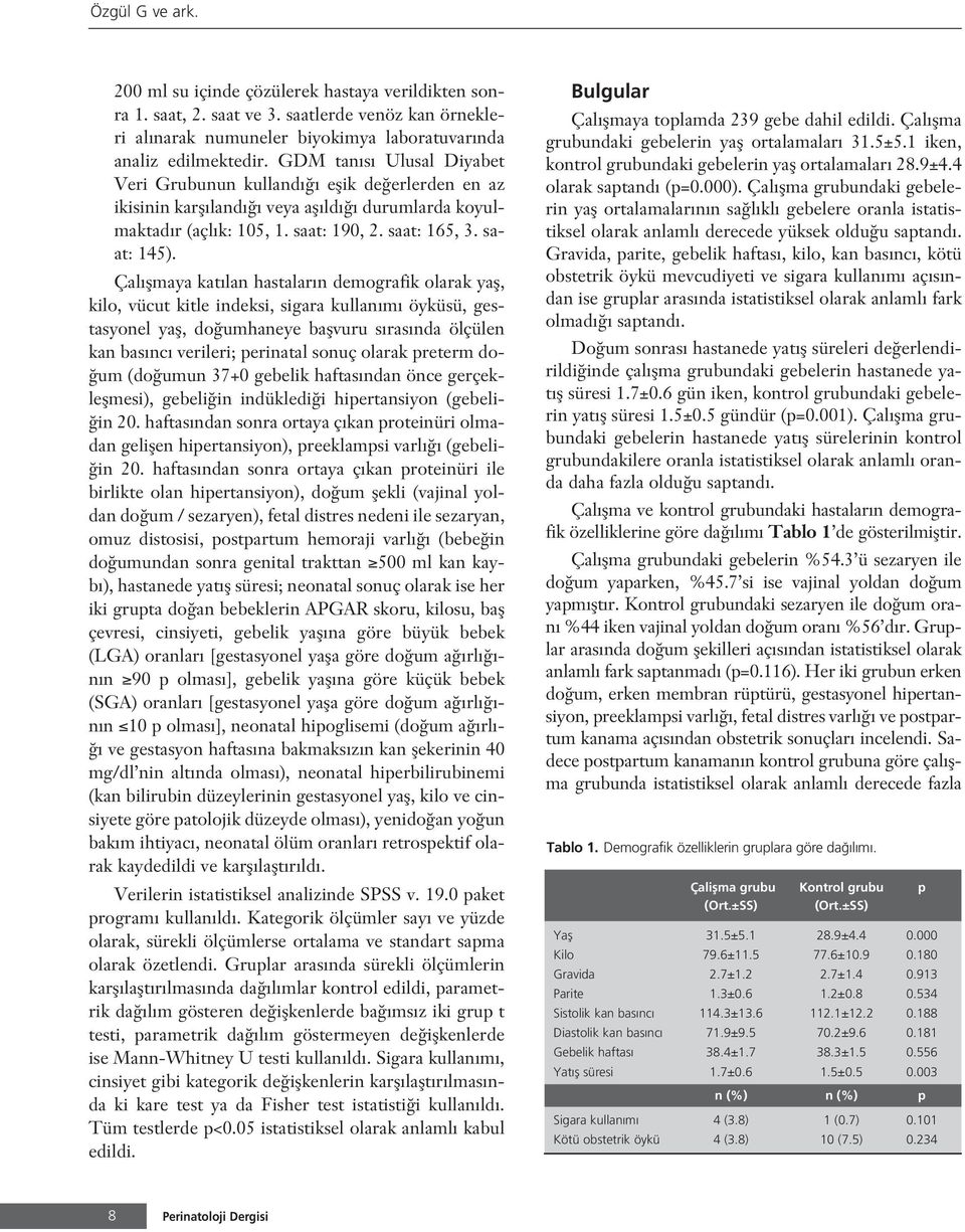 Çal flmaya kat lan hastalar n demografik olarak yafl, kilo, vücut kitle indeksi, sigara kullan m öyküsü, gestasyonel yafl, do umhaneye baflvuru s ras nda ölçülen kan bas nc verileri; perinatal sonuç