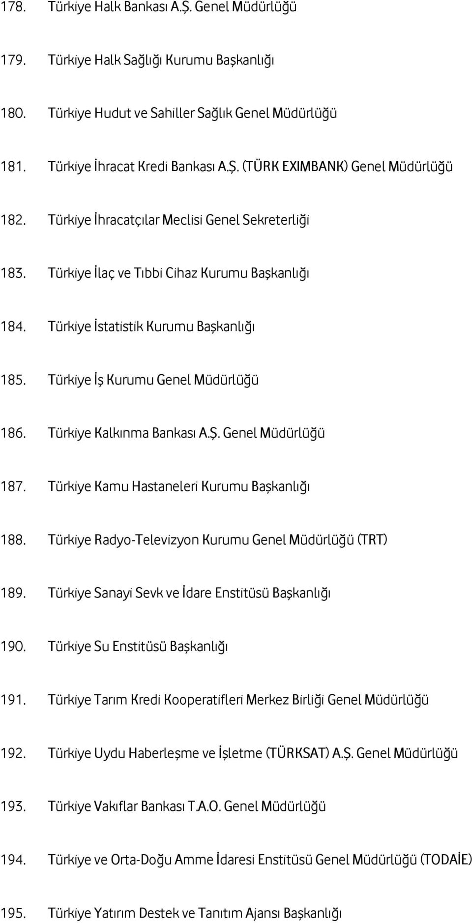 Türkiye Kalkınma Bankası A.Ş. Genel Müdürlüğü 187. Türkiye Kamu Hastaneleri Kurumu Başkanlığı 188. Türkiye Radyo-Televizyon Kurumu Genel Müdürlüğü (TRT) 189.