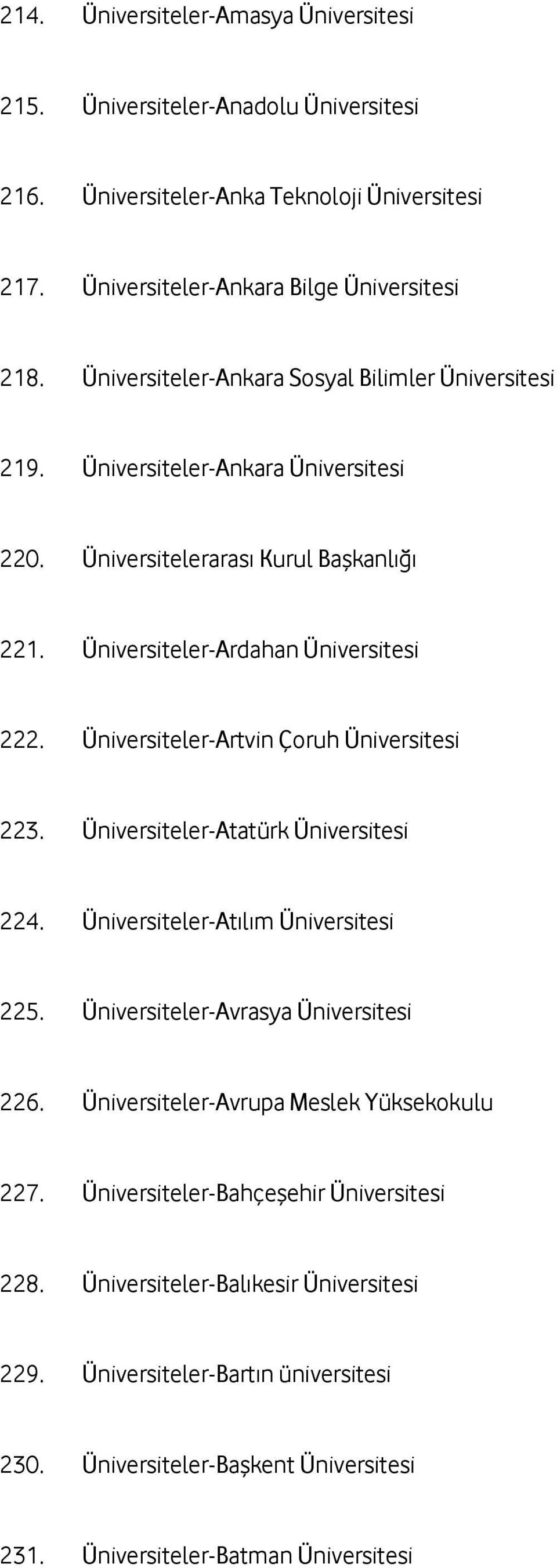 Üniversiteler-Artvin Çoruh Üniversitesi 223. Üniversiteler-Atatürk Üniversitesi 224. Üniversiteler-Atılım Üniversitesi 225. Üniversiteler-Avrasya Üniversitesi 226.