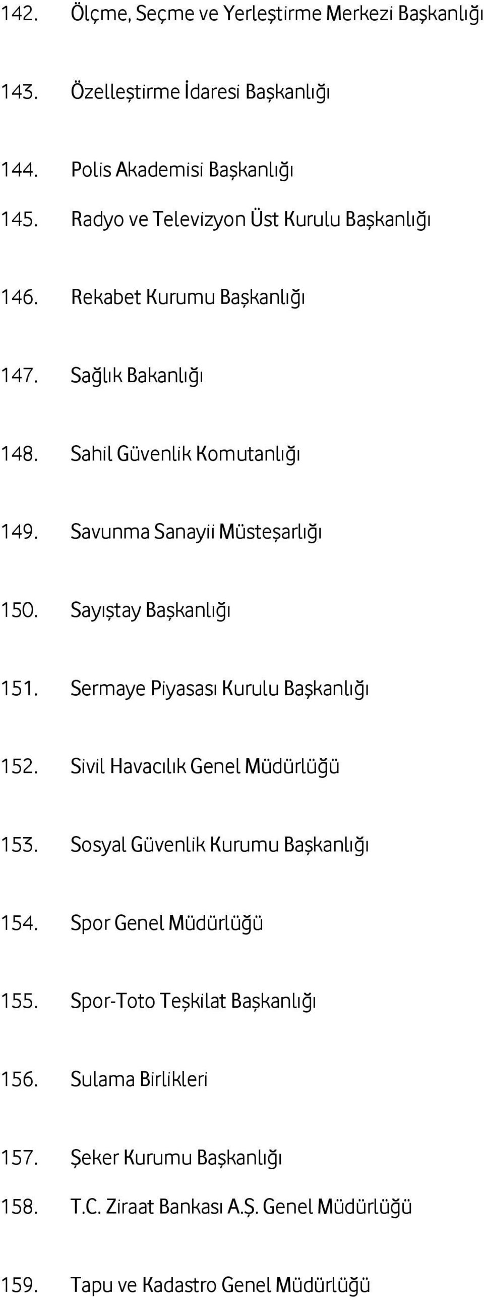 Savunma Sanayii Müsteşarlığı 150. Sayıştay Başkanlığı 151. Sermaye Piyasası Kurulu Başkanlığı 152. Sivil Havacılık Genel Müdürlüğü 153.