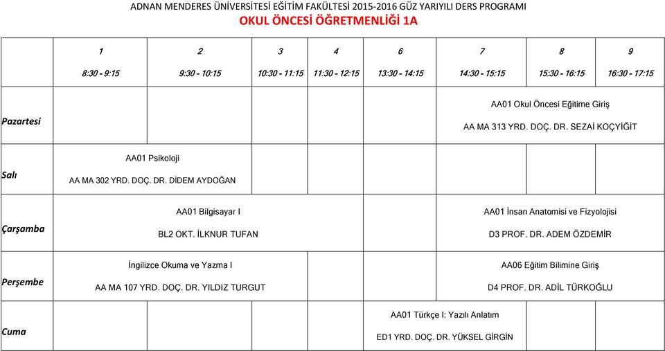 SEZAİ KOÇYİĞİT AA01 Psikoloji AA MA 302 YRD. DOÇ. DR. DİDEM AYDOĞAN AA01 Bilgisayar I BL2 OKT. İLKNUR TUFAN AA01 İnsan Anatomisi ve Fizyolojisi D3 PROF. DR. ADEM ÖZDEMİR İngilizce Okuma ve Yazma I AA MA 107 YRD.