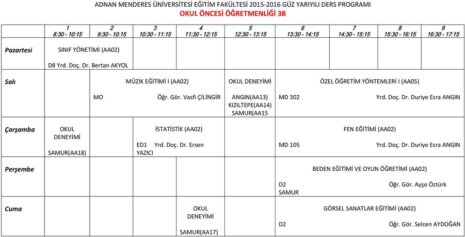 Vasfi ÇİLİNGİR OKUL DENEYİMİ ANGIN(AA13) KIZILTEPE(AA14) SAMUR(AA15 ÖZEL ÖĞRETİM YÖNTEMLERİ I (AA05) MD 302 Yrd. Doç. Dr.