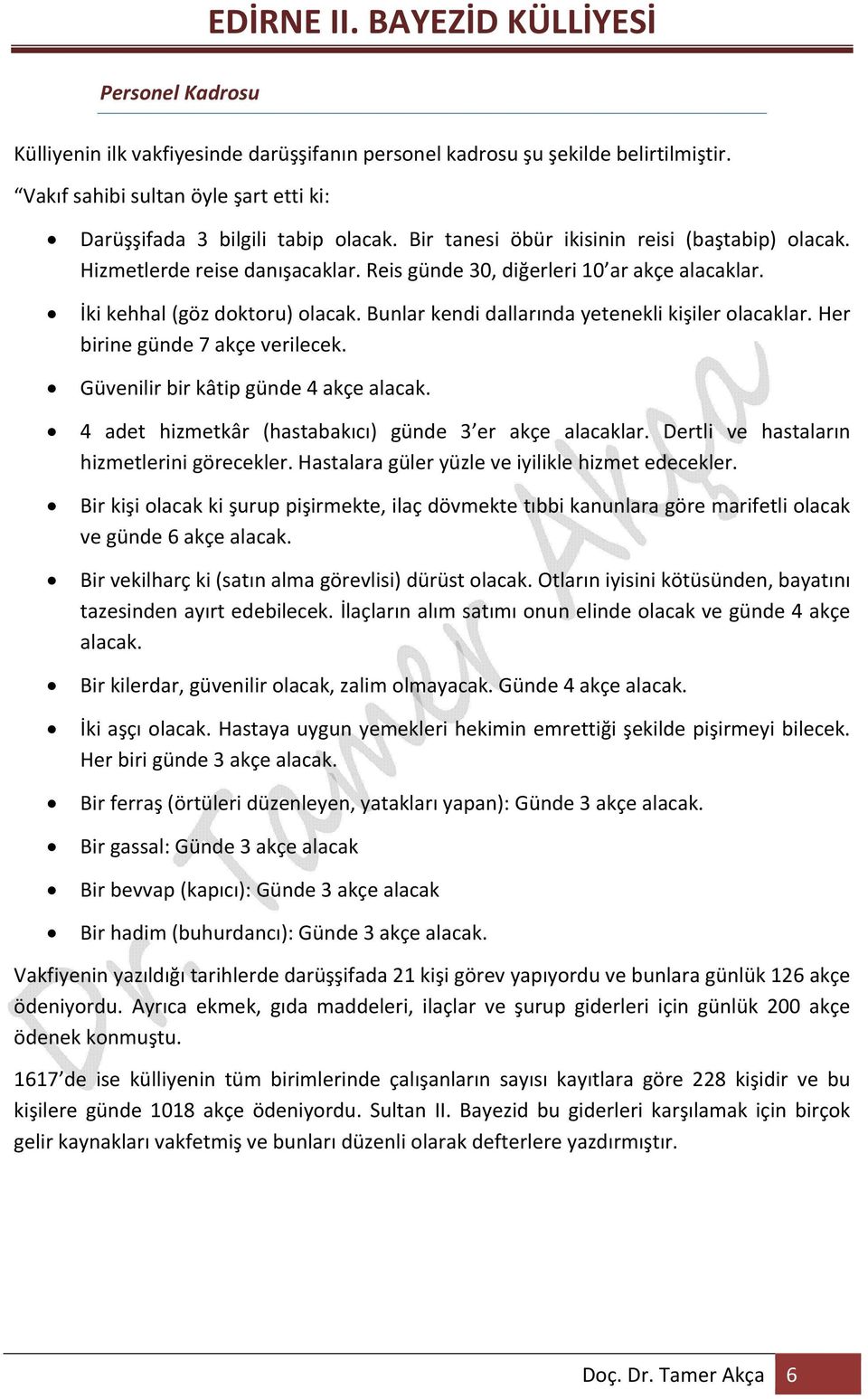 Bunlar kendi dallarında yetenekli kişiler olacaklar. Her birine günde 7 akçe verilecek. Güvenilir bir kâtip günde 4 akçe alacak. 4 adet hizmetkâr (hastabakıcı) günde 3 er akçe alacaklar.