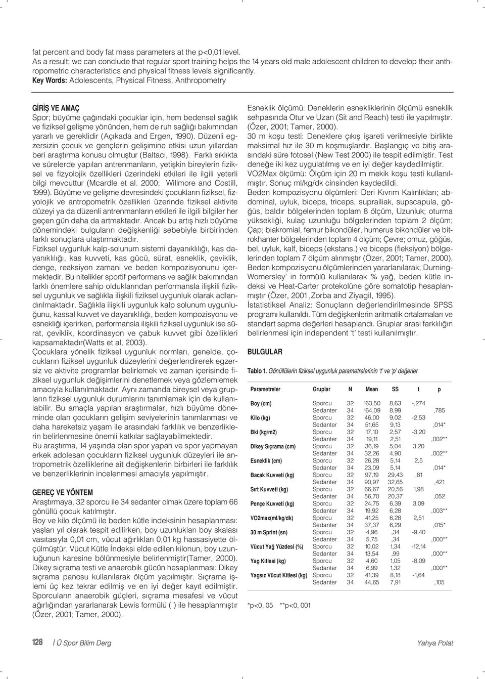 Key Words: Adolescents, Physical Fitness, Anthropometry GİRİŞ VE AMAÇ Spor; büyüme çağındaki çocuklar için, hem bedensel sağlık ve fiziksel gelişme yönünden, hem de ruh sağlığı bakımından yararlı ve