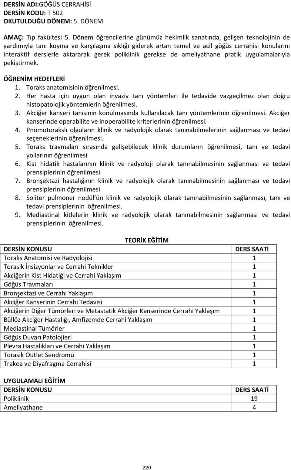 aktararak gerek poliklinik gerekse de ameliyathane pratik uygulamalarıyla pekiştirmek. ÖĞRENİM HEDEFLERİ 1. Toraks anatomisinin öğrenilmesi. 2.