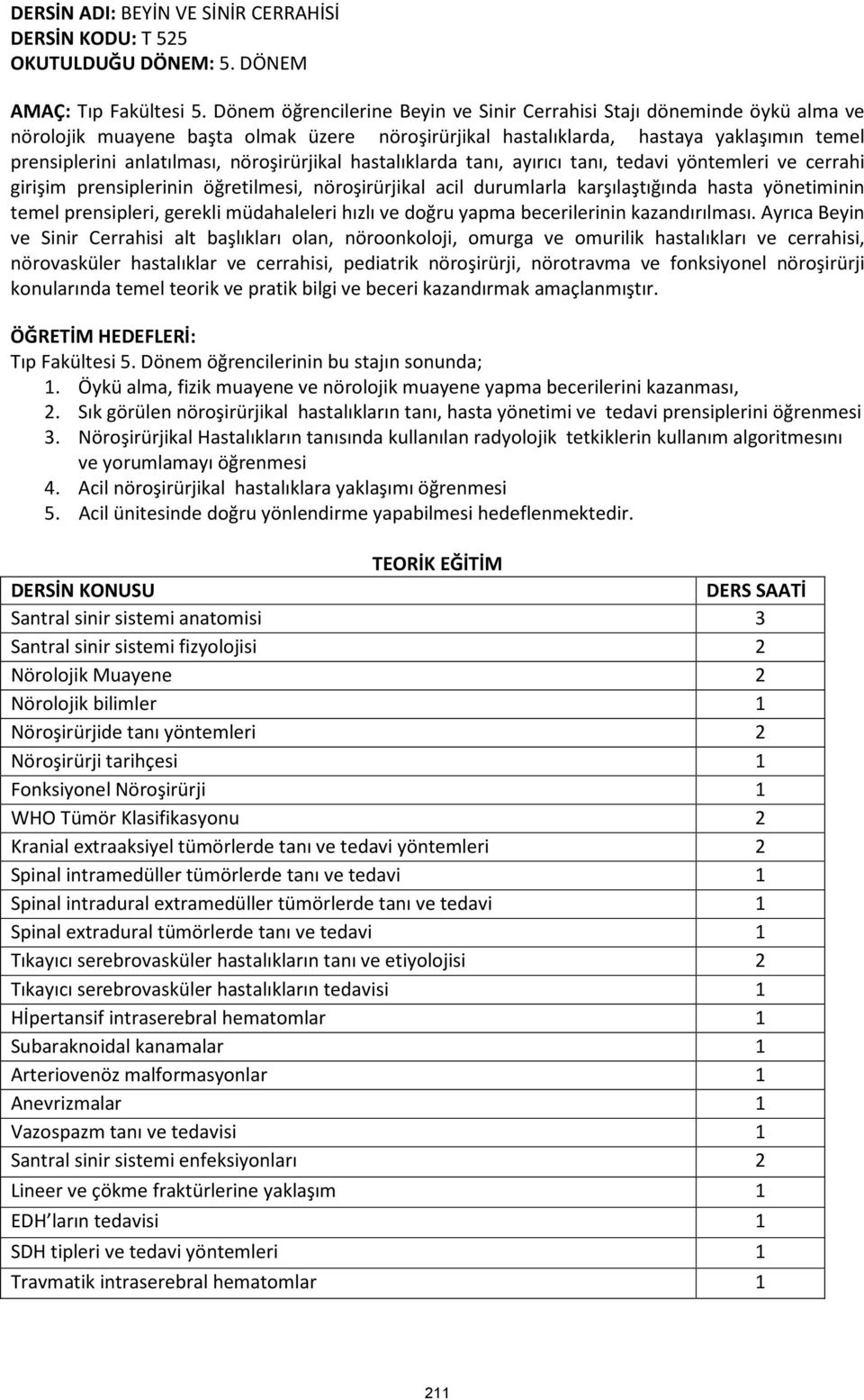 nöroşirürjikal hastalıklarda tanı, ayırıcı tanı, tedavi yöntemleri ve cerrahi girişim prensiplerinin öğretilmesi, nöroşirürjikal acil durumlarla karşılaştığında hasta yönetiminin temel prensipleri,