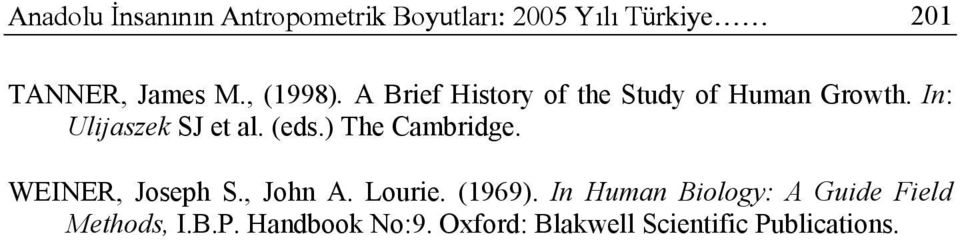 (eds.) The Cambridge. WEINER, Joseph S., John A. Lourie. (1969).