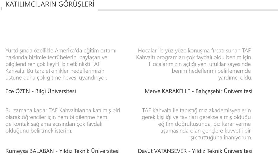 Ece ÖZEN - Bilgi Üniversitesi Hocalar ile yüz yüze konuşma fırsatı sunan TAF Kahvaltı programları çok faydalı oldu benim için.