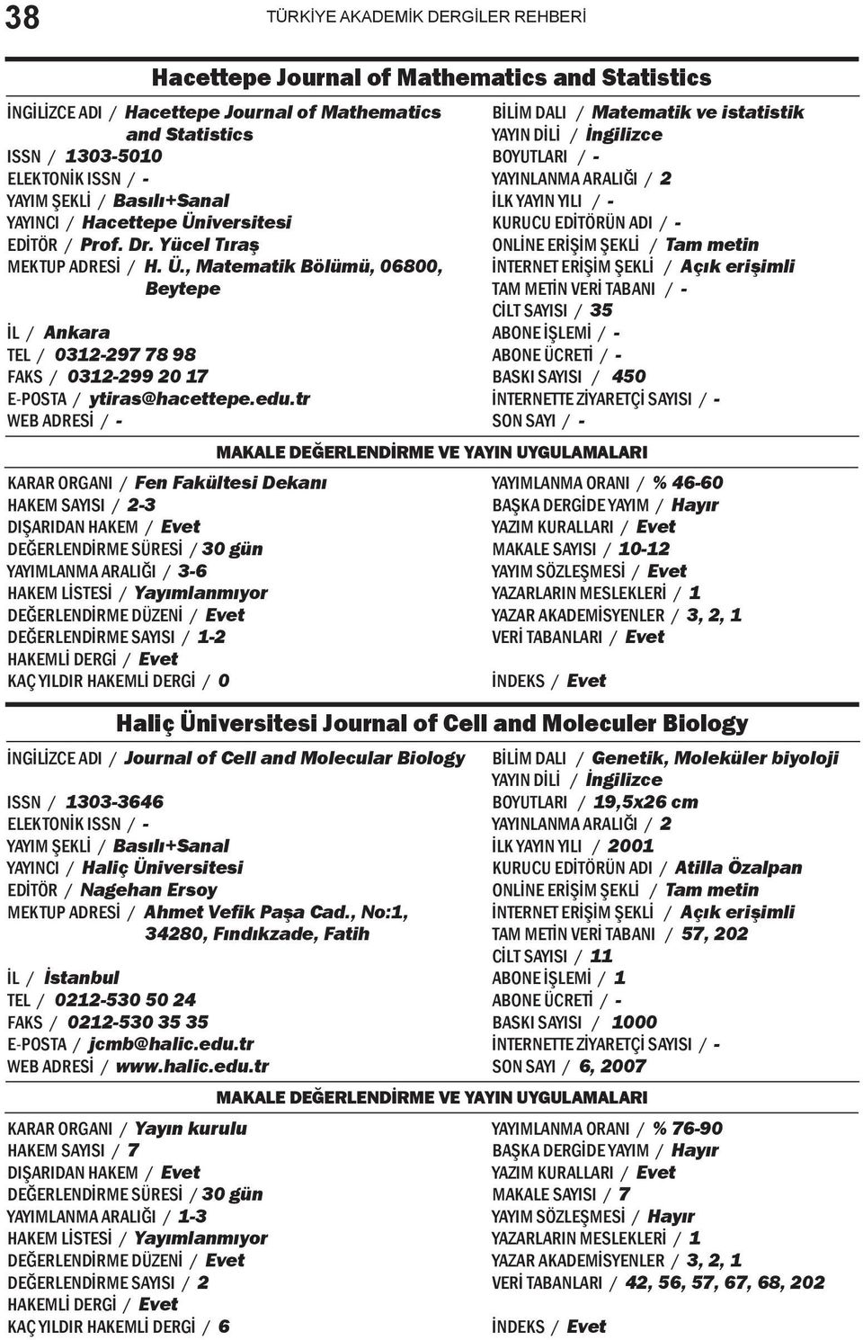 tr WEB ADRESİ / - KARAR ORGANI / Fen Fakültesi Dekanı -3 YAYIMLANMA ARALIĞI / 3-6 -2 KAÇ YILDIR HAKEMLİ DERGİ / 0 BİLİM DALI / Matematik ve istatistik BOYUTLARI / - İLK YAYIN YILI / - KURUCU EDİTÖRÜN