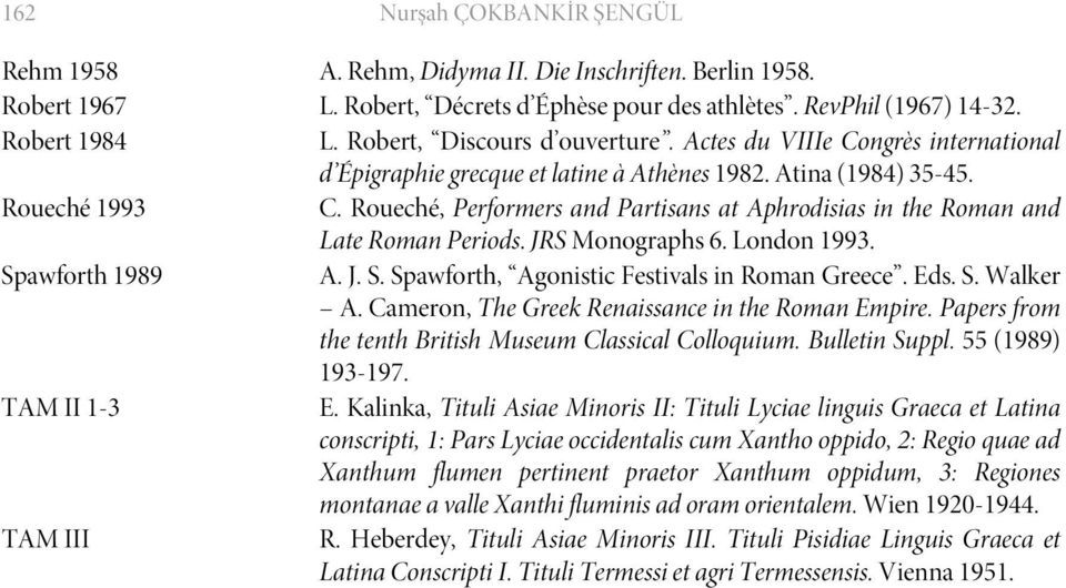 Roueché, Performers and Partisans at Aphrodisias in the Roman and Late Roman Periods. JRS Monographs 6. London 1993. Spawforth 1989 A. J. S. Spawforth, Agonistic Festivals in Roman Greece. Eds. S. Walker A.