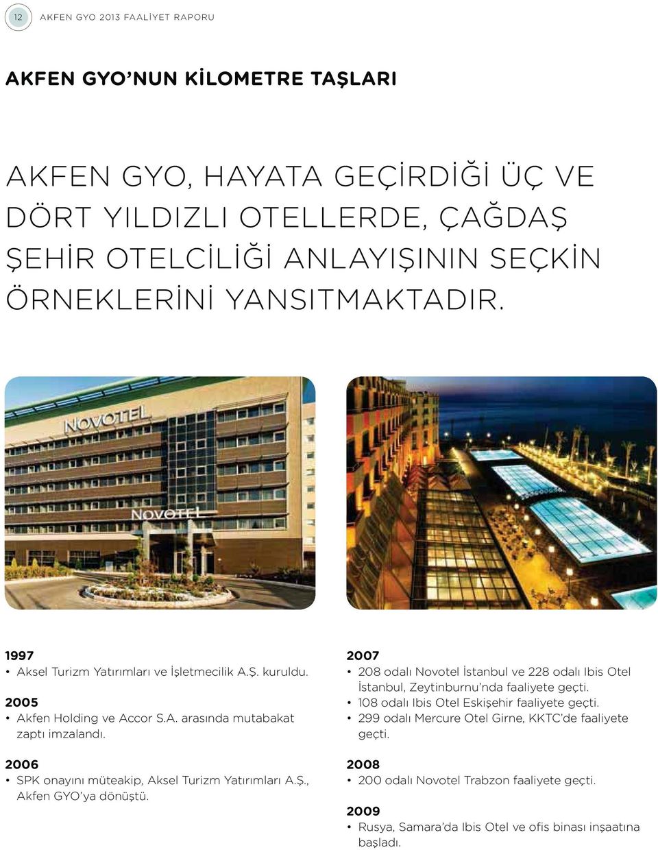 2006 SPK onayını müteakip, Aksel Turizm Yatırımları A.Ş., Akfen GYO ya dönüştü. 2007 208 odalı Novotel İstanbul ve 228 odalı Ibis Otel İstanbul, Zeytinburnu nda faaliyete geçti.