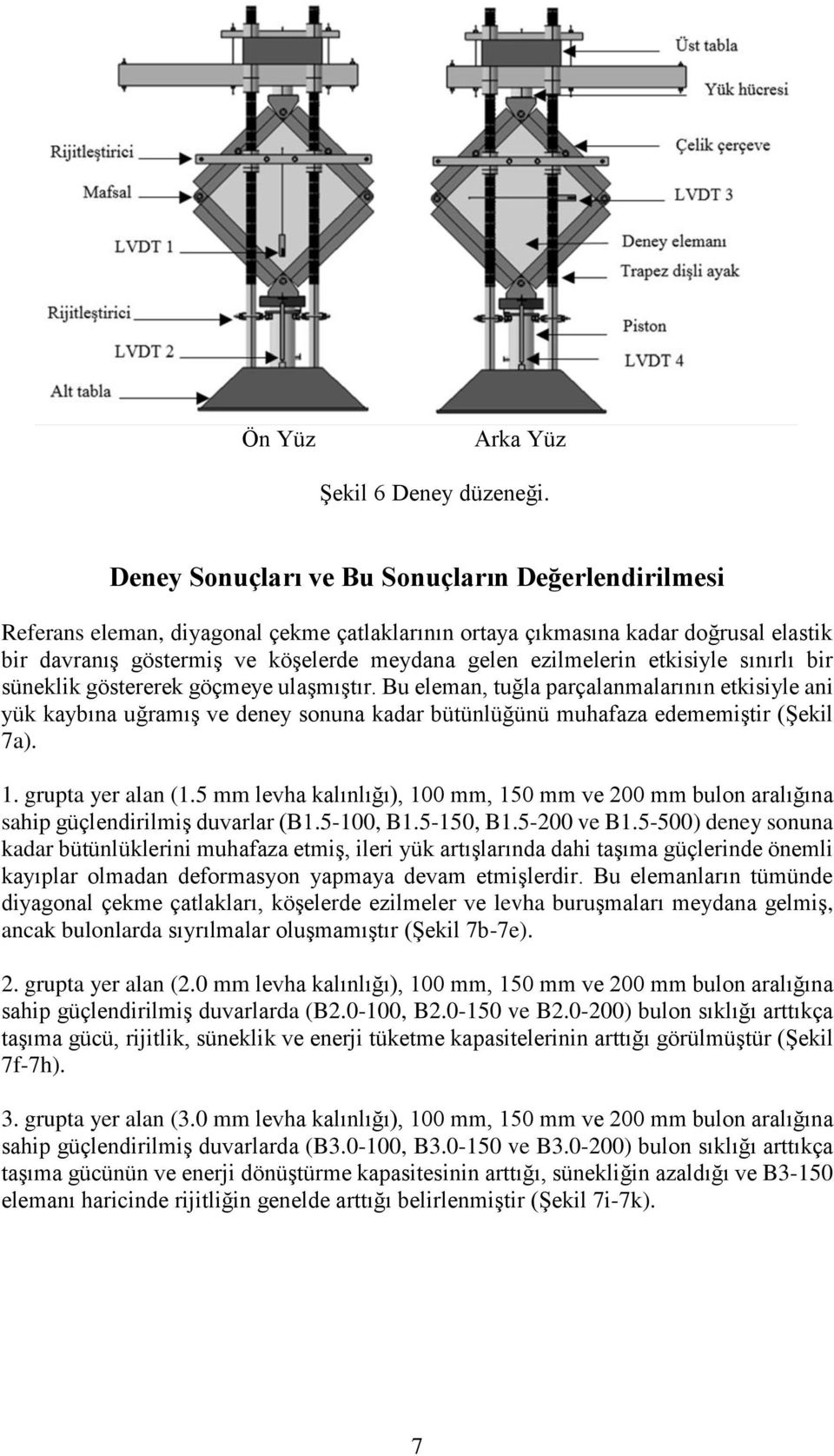 etkisiyle sınırlı bir süneklik göstererek göçmeye ulaşmıştır. Bu eleman, tuğla parçalanmalarının etkisiyle ani yük kaybına uğramış ve deney sonuna kadar bütünlüğünü muhafaza edememiştir (Şekil 7a). 1.