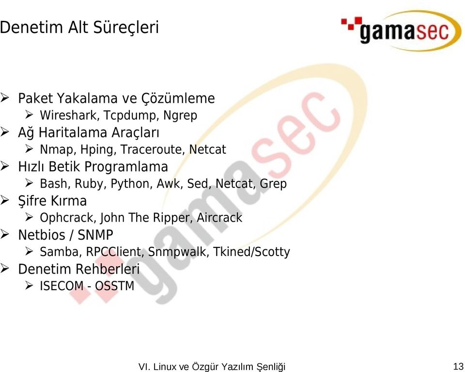 Ruby, Python, Awk, Sed, Netcat, Grep Şifre Kırma Ophcrack, John The Ripper, Aircrack