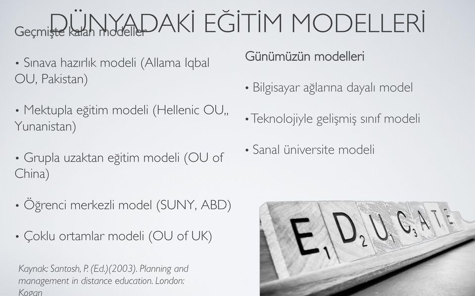 sınıf modeli Grupla uzaktan eğitim modeli (OU of Sanal üniversite modeli China) Öğrenci merkezli model (SUNY, ABD)