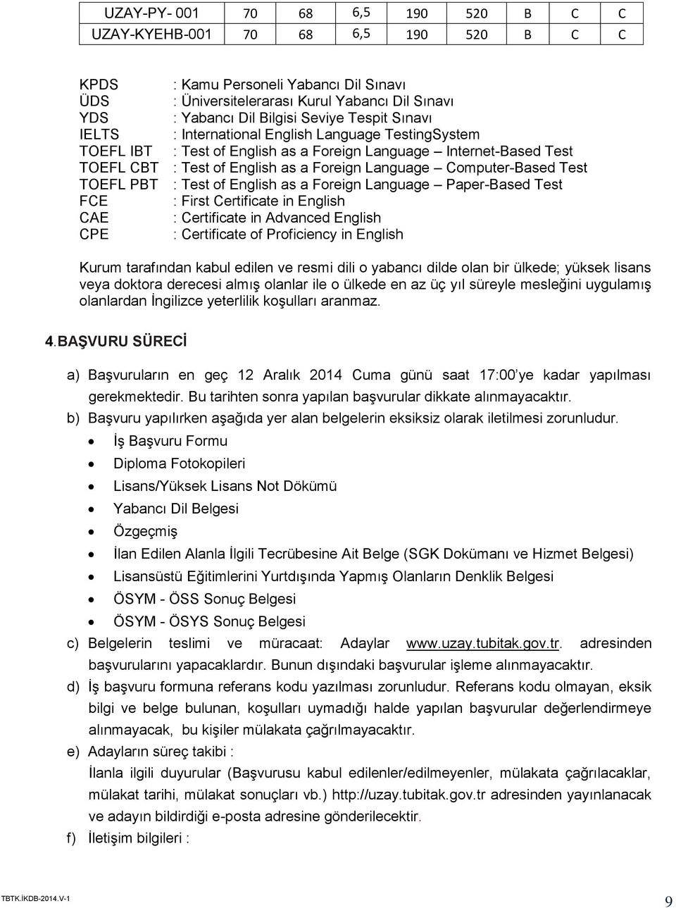 Computer-Based Test TOEFL PBT : Test of English as a Foreign Language Paper-Based Test FCE : First Certificate in English CAE : Certificate in Advanced English CPE : Certificate of Proficiency in