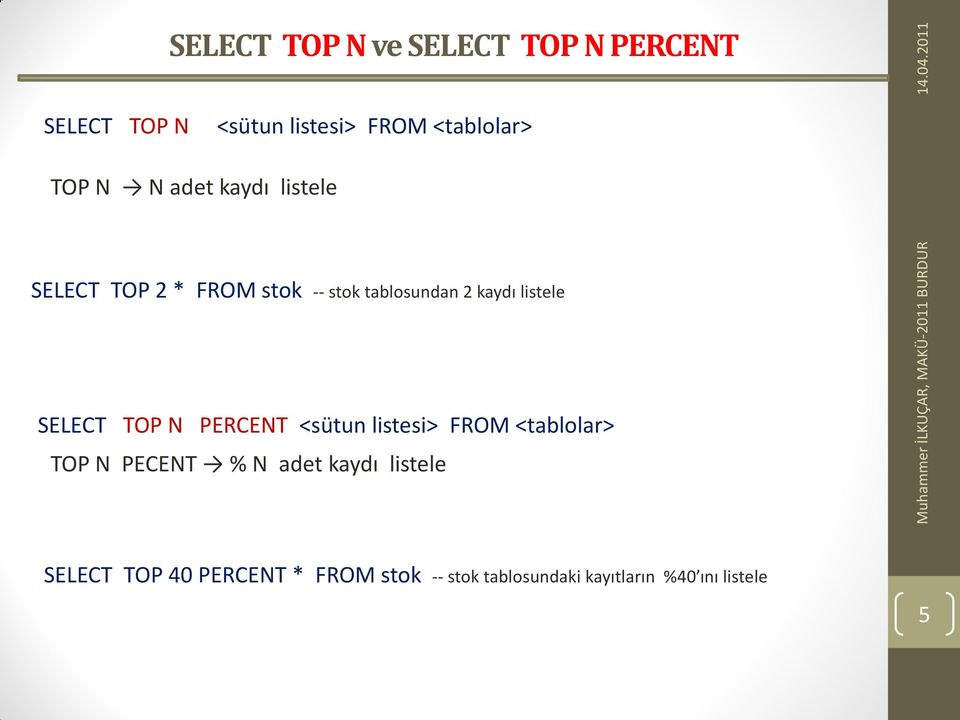 SELECT TOP N PERCENT <sütun listesi> FROM <tablolar> TOP N PECENT % N adet kaydı