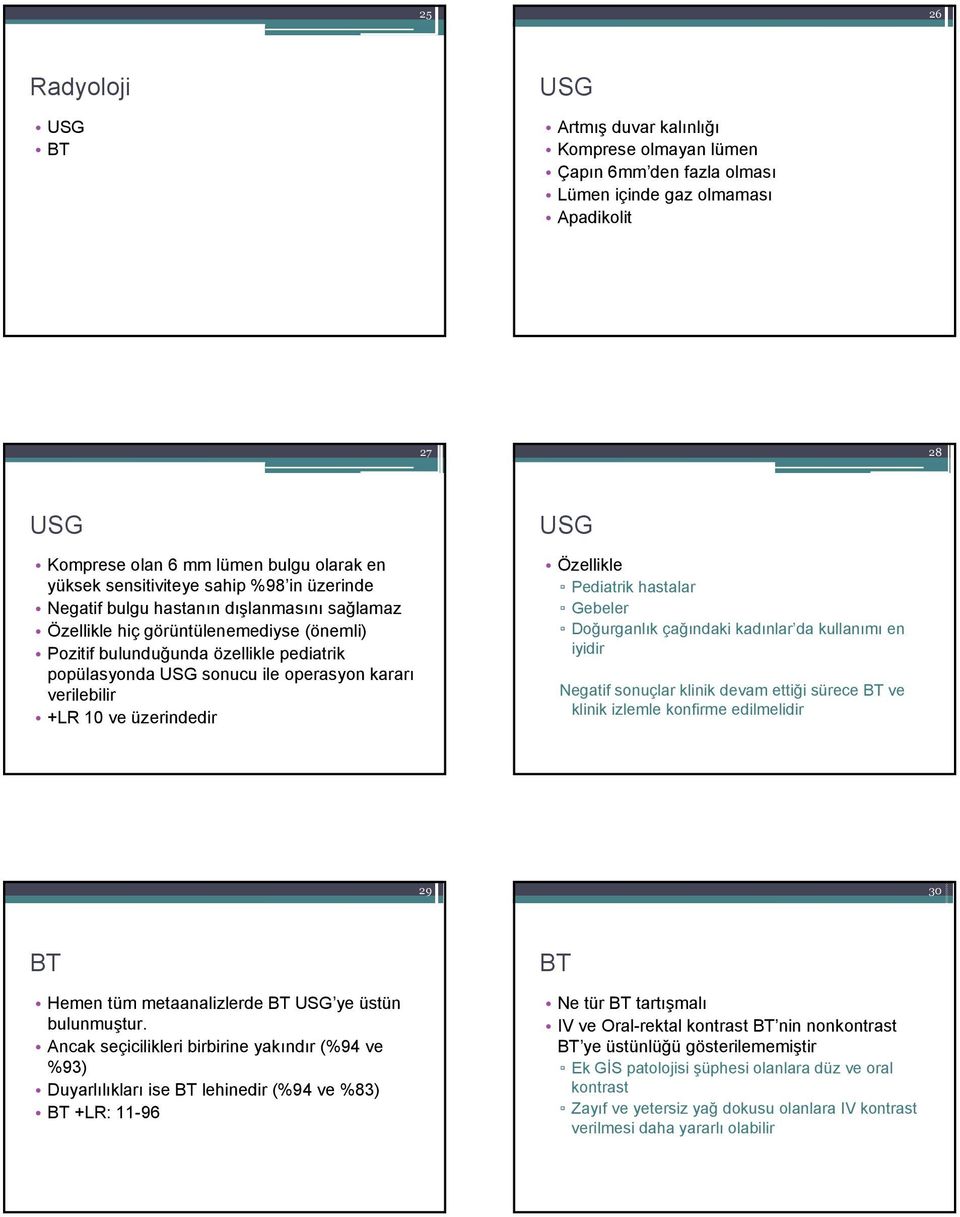 operasyon kararı verilebilir +LR 10 ve üzerindedir USG Özellikle Pediatrik hastalar Gebeler Doğurganlık çağındaki kadınlar da kullanımı en iyidir Negatif sonuçlar klinik devam ettiği sürece ve klinik