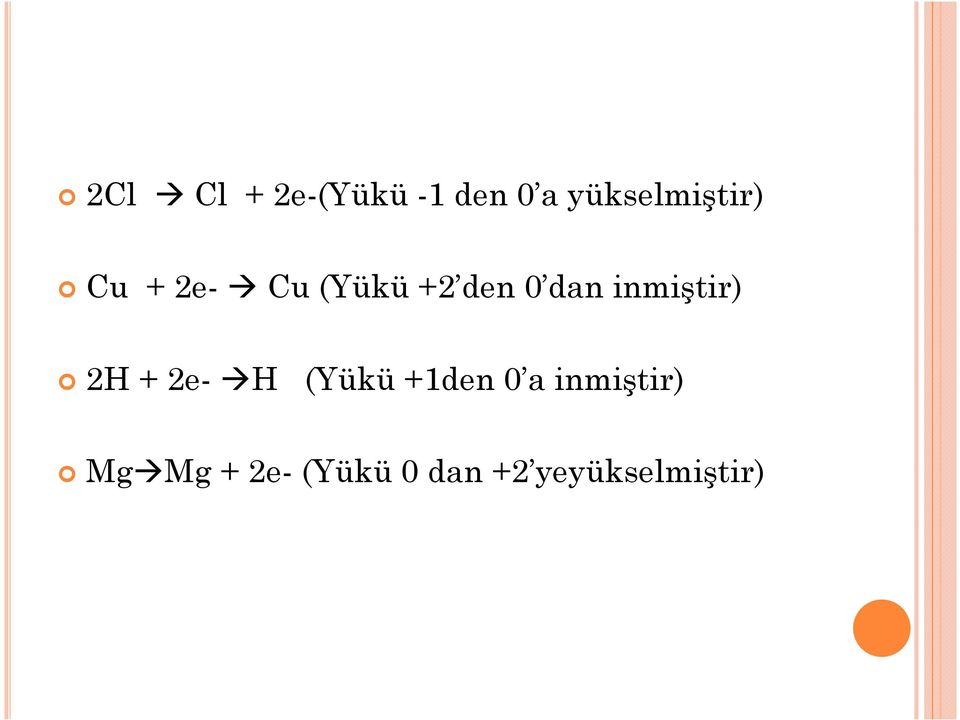 dan inmiştir) 2H + 2e- H (Yükü +1den 0 a