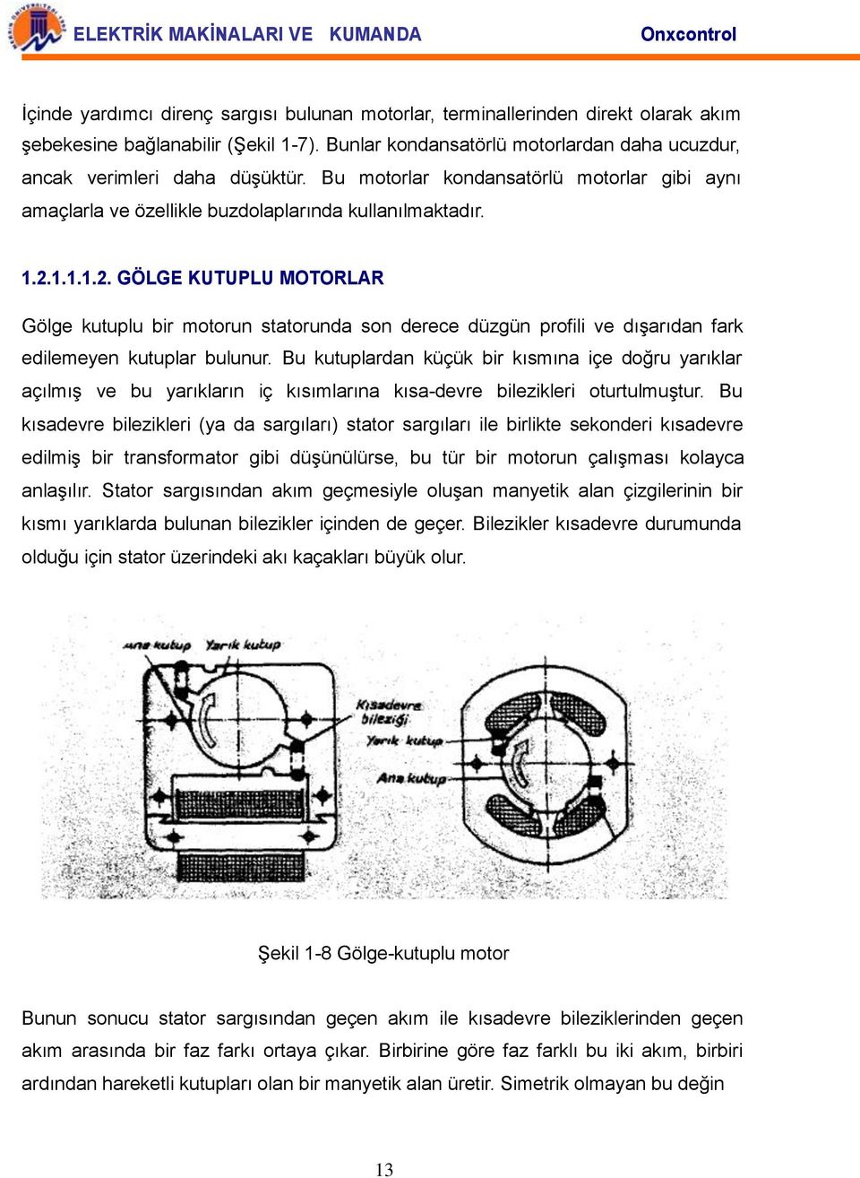 1.1.1.2. GÖLGE KUTUPLU MOTORLAR Gölge kutuplu bir motorun statorunda son derece düzgün profili ve dışarıdan fark edilemeyen kutuplar bulunur.