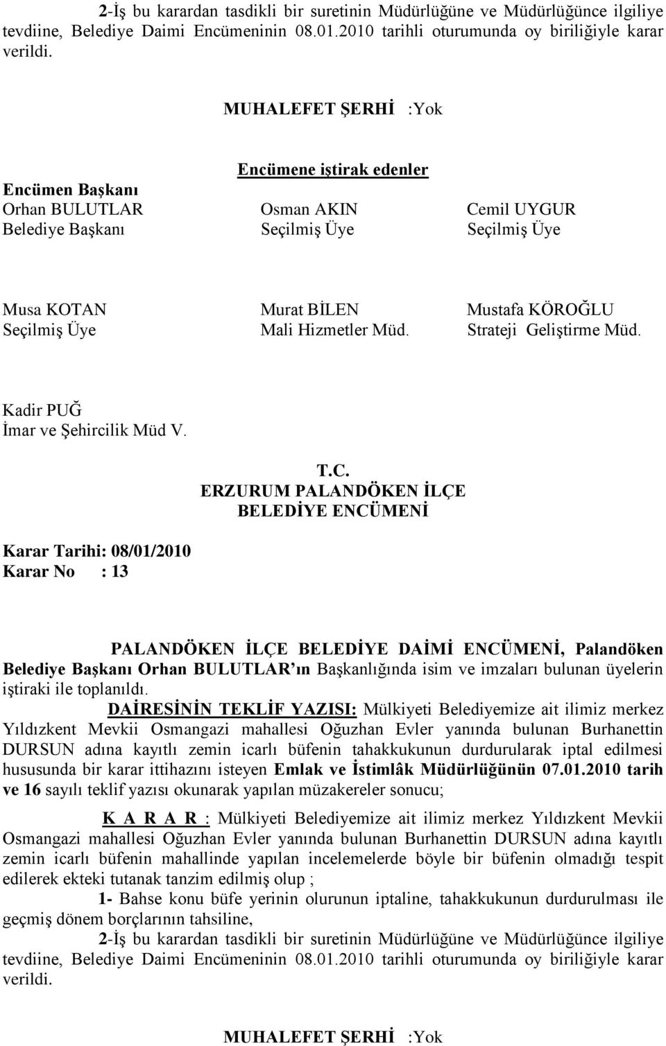 Karar Tarihi: 08/01/2010 Karar No : 13 Belediye Başkanı Orhan BULUTLAR ın Başkanlığında isim ve imzaları bulunan üyelerin DAİRESİNİN TEKLİF YAZISI: Mülkiyeti Belediyemize ait ilimiz merkez Yıldızkent