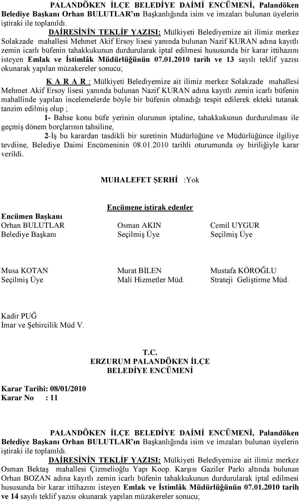 2010 tarih ve 13 sayılı teklif yazısı okunarak yapılan müzakereler sonucu; K A R A R : Mülkiyeti Belediyemize ait ilimiz merkez Solakzade mahallesi Mehmet Akif Ersoy lisesi yanında bulunan Nazif