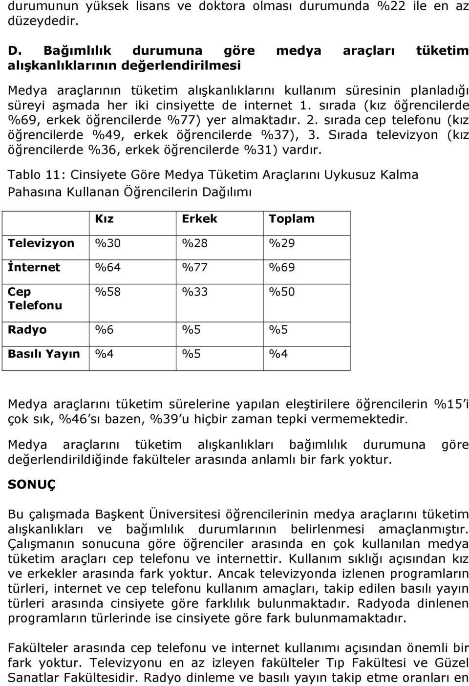 internet 1. sırada (kız öğrencilerde %69, erkek öğrencilerde %77) yer almaktadır. 2. sırada cep telefonu (kız öğrencilerde %49, erkek öğrencilerde %37), 3.