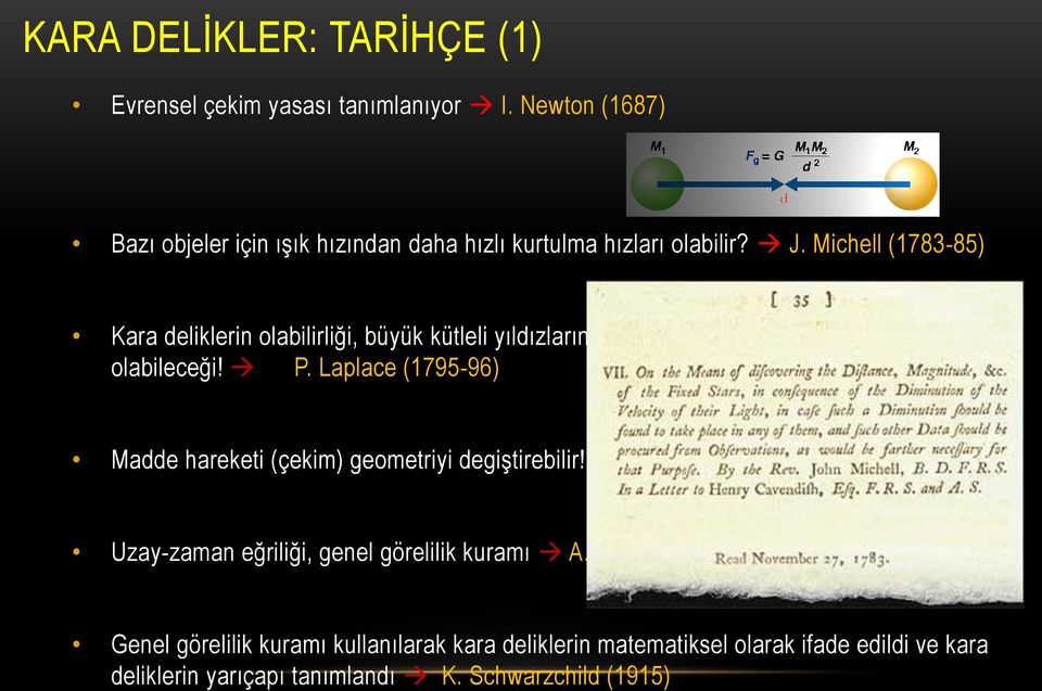 Michell (1783-85) Kara deliklerin olabilirliği, büyük kütleli yıldızların çekiminin ışığın kaçmasına engel olabileceği! P.