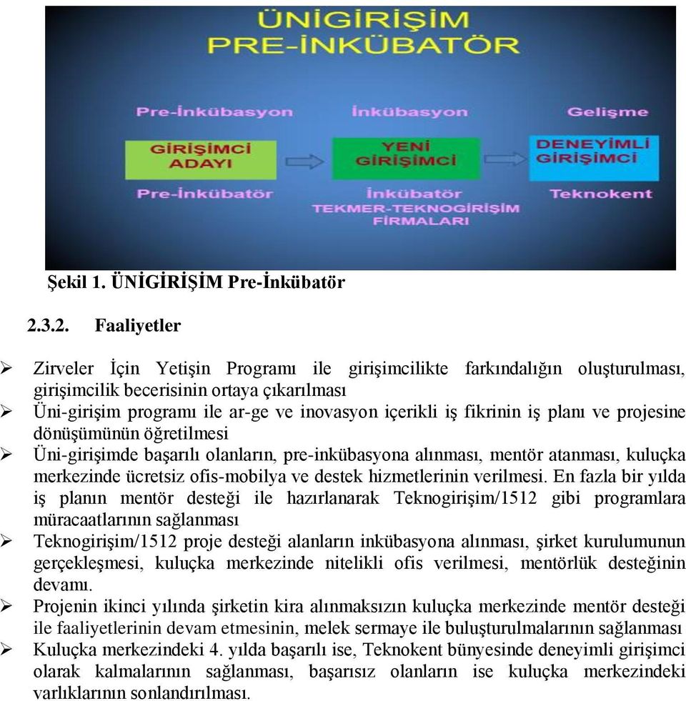 fikrinin iş planı ve projesine dönüşümünün öğretilmesi Üni-girişimde başarılı olanların, pre-inkübasyona alınması, mentör atanması, kuluçka merkezinde ücretsiz ofis-mobilya ve destek hizmetlerinin