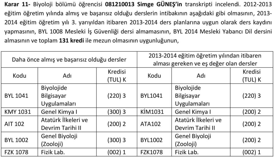 yarıyıldan itibaren 2013-2014 ders planlarına uygun olarak ders kaydını yapmasının, BYL 1008 Mesleki İş Güvenliği dersi almamasının, BYL 2014 Mesleki Yabancı Dil dersini