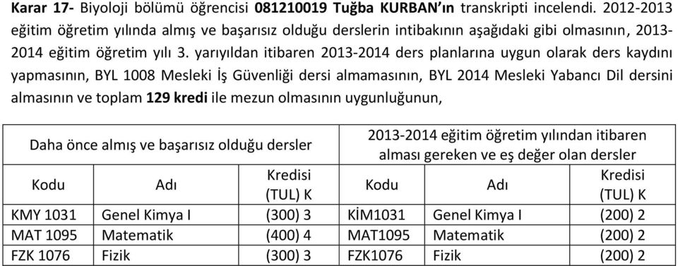 yarıyıldan itibaren 2013-2014 ders planlarına uygun olarak ders kaydını yapmasının, BYL 1008 Mesleki İş Güvenliği dersi almamasının, BYL 2014