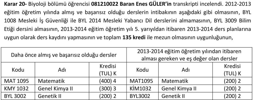 Yabancı Dil derslerini almamasının, BYL 3009 Bilim Etiği dersini almasının, 2013-2014 eğitim öğretim yılı 5.