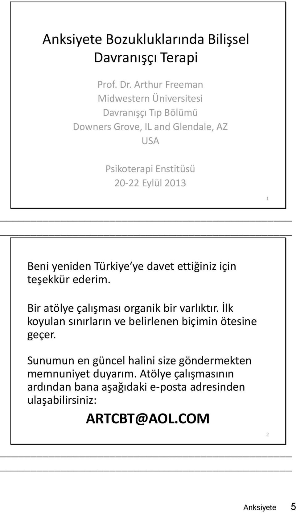 2013 1 Beni yeniden Türkiye ye davet ettiğiniz için teşekkür ederim. Bir atölye çalışması organik bir varlıktır.