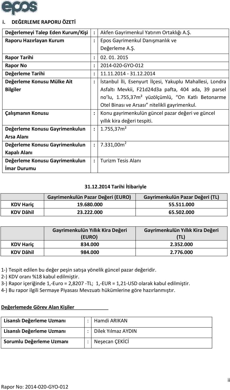 755,37m² yüzölçümlü, On Katlı Betonarme Otel Binası ve Arsası nitelikli gayrimenkul. Çalışmanın Konusu : Konu gayrimenkulün güncel pazar değeri ve güncel yıllık kira değeri tespiti.