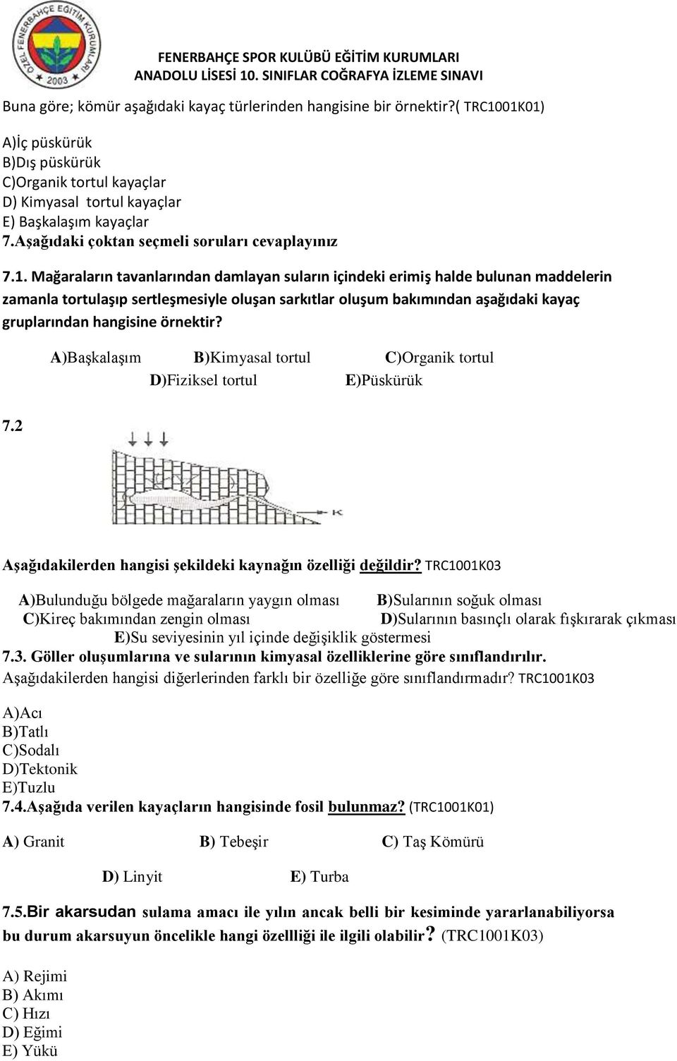 Mağaraların tavanlarından damlayan suların içindeki erimiş halde bulunan maddelerin zamanla tortulaşıp sertleşmesiyle oluşan sarkıtlar oluşum bakımından aşağıdaki kayaç gruplarından hangisine