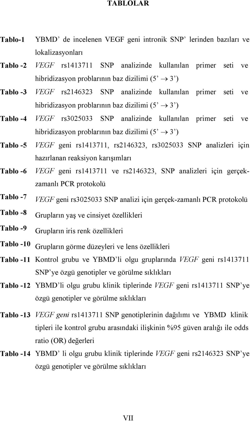 analizinde kullanılan primer seti ve hibridizasyon problarının baz dizilimi (5 3 ) VEGF geni rs1413711, rs2146323, rs3025033 SNP analizleri için hazırlanan reaksiyon karışımları VEGF geni rs1413711