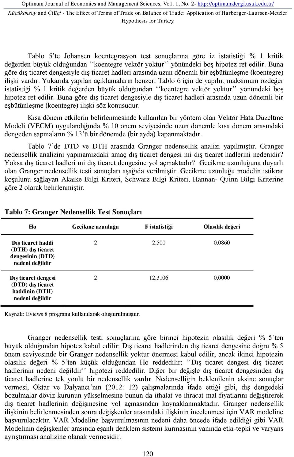 istatistiği % 1 kritik değerden büyük olduğundan koentegre vektör yoktur yönündeki boş hipotez ret edilir.