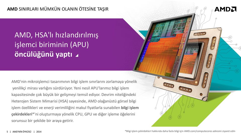 Devrim niteliğindeki Heterojen Sistem Mimarisi (HSA) sayesinde, AMD olağanüstü görsel bilgi işlem özellikleri ve enerji verimliliğini makul fiyatlarla sunabilen bilgi işlem