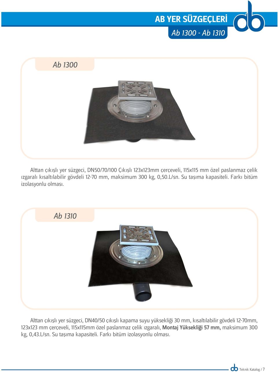 Ab 1310 Alttan ç k fll yer süzgeci, DN40/50 ç k fll kapama suyu yüksekli i 30 mm, kısalt labilir gövdeli 12-70mm, 123x123 mm çerçeveli,