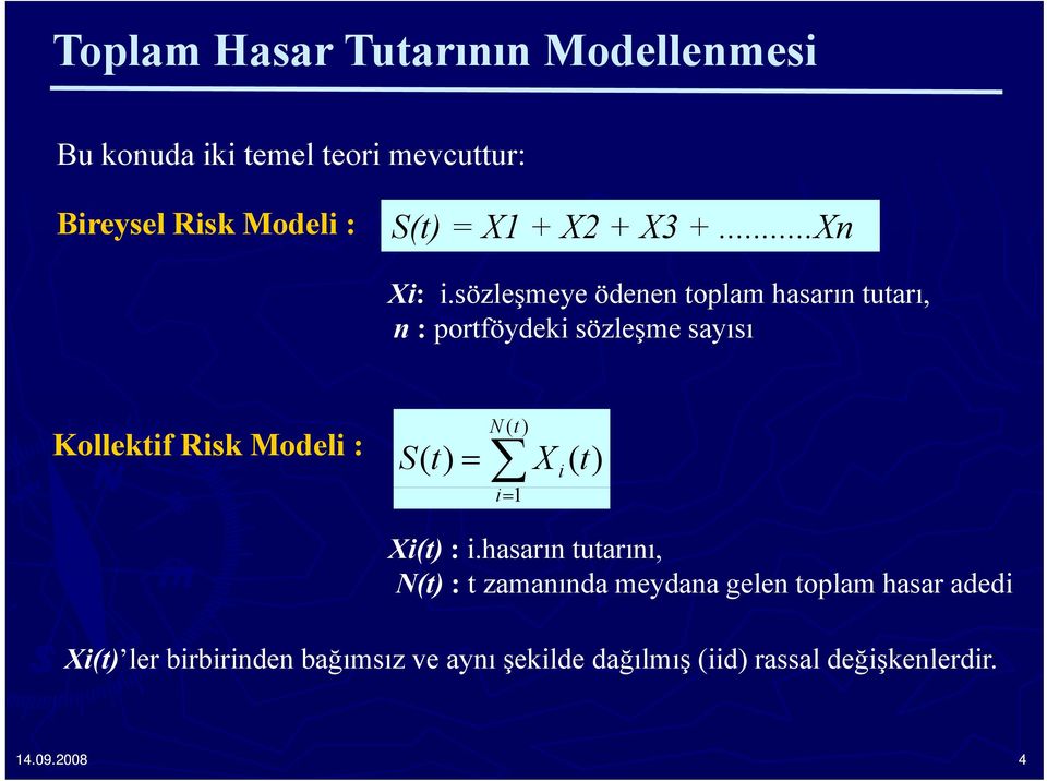 sözleşmeye ödenen toplam hasarıntutarı, n : portföydeki sözleşme sayısı Kollektif Risk Modeli : S( t) = N ( t)